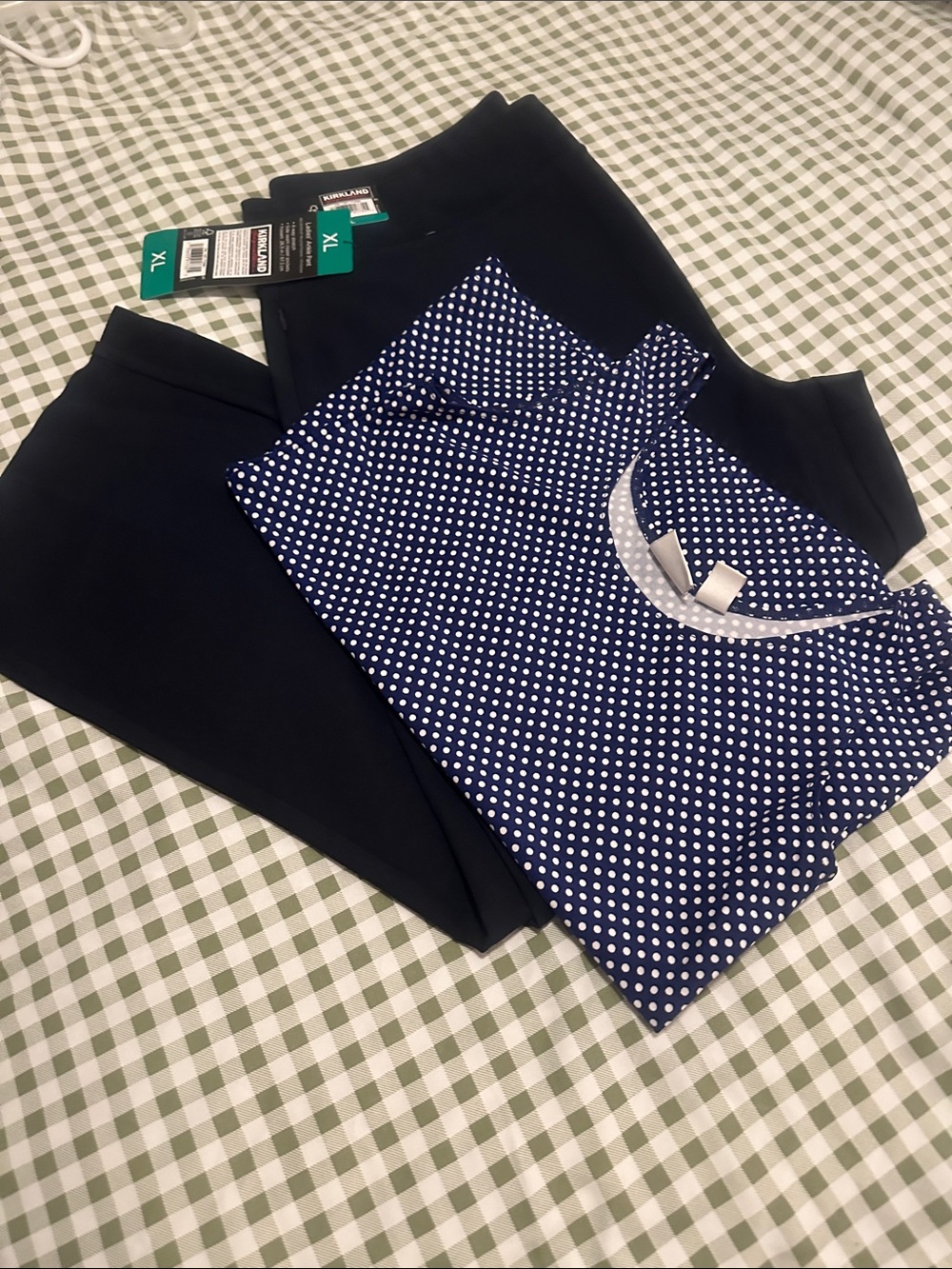 Kirkland Signature Black Trousers with Navy Polka Dot Top